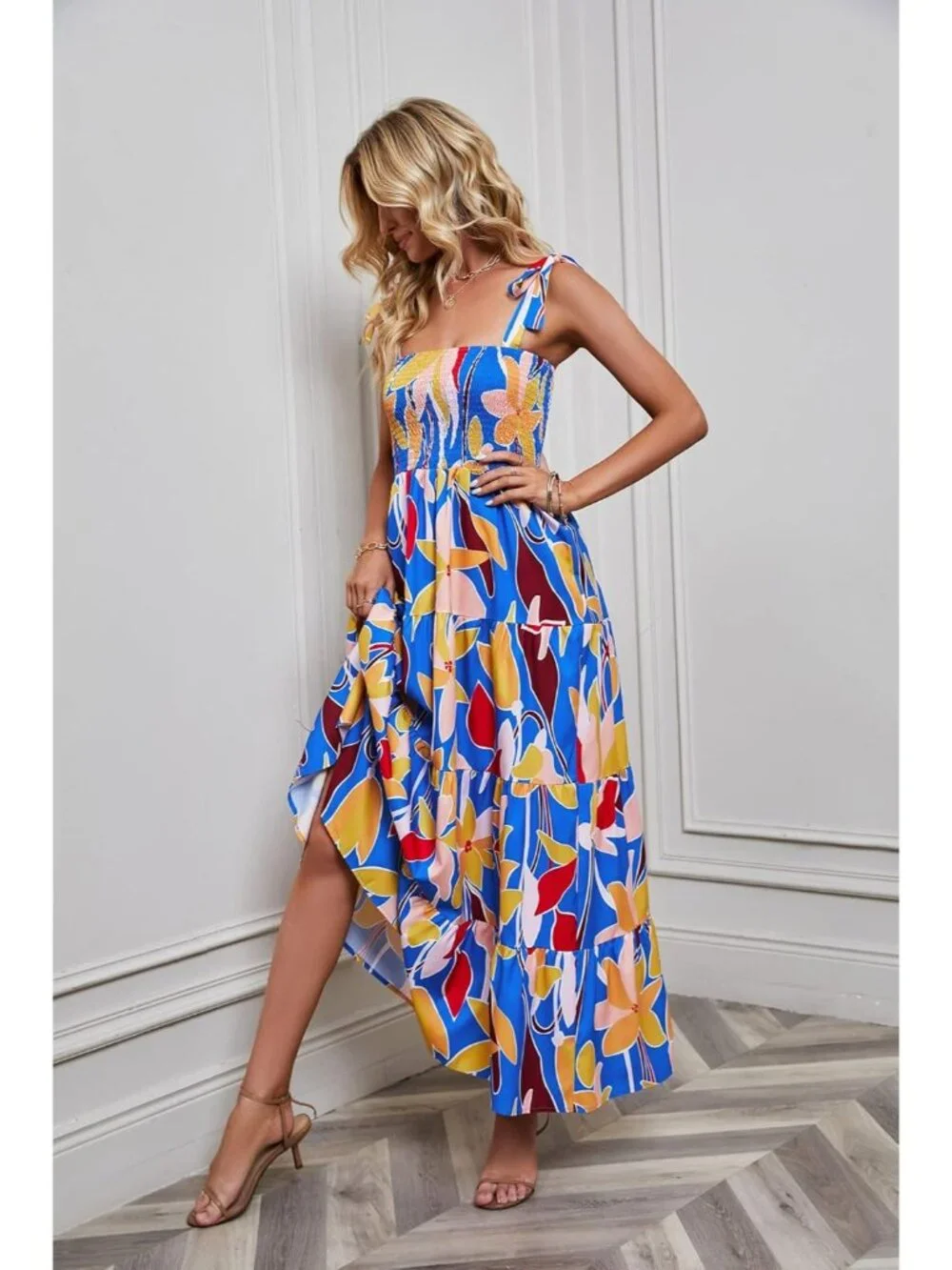 Women's Blue Yellow Sleeveless Square Neck Ruffle Casual Imported Maxi Dress - Picture 5 of 6